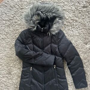 Nautica Women's Black Puffer Jacket with Faux Fur Hood